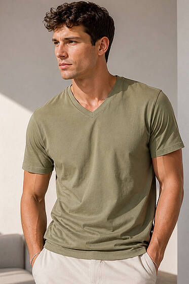 V Yaka Basic Erkek T-shirt Haki - Erkek T-shirt