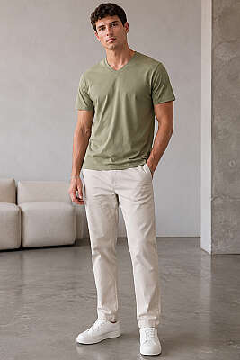 V Yaka Basic Erkek T-shirt Haki - Erkek T-shirt