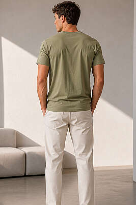 V Yaka Basic Erkek T-shirt Haki - Erkek T-shirt