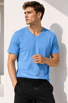 V Yaka Basic Erkek T-shirt İndigo - HİT TİME
