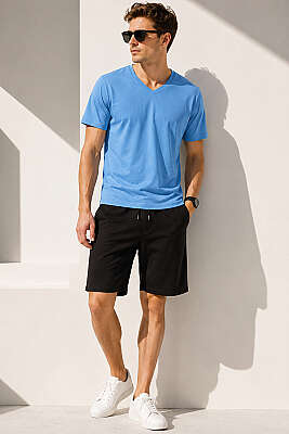 V Yaka Basic Erkek T-shirt İndigo - Erkek T-shirt