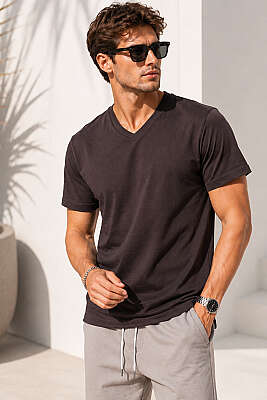 V Yaka Basic Erkek T-shirt Kahve 