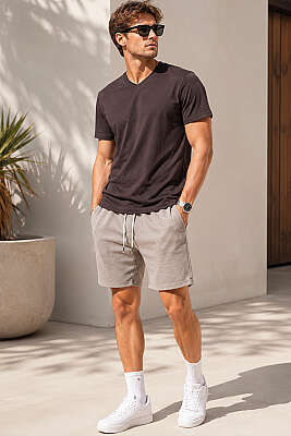 V Yaka Basic Erkek T-shirt Kahve - Erkek T-shirt