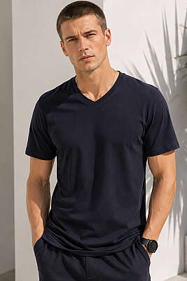 V Yaka Basic Erkek T-shirt Lacivert - HİT TİME