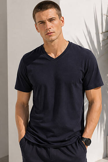 V Yaka Basic Erkek T-shirt Lacivert - Erkek T-shirt
