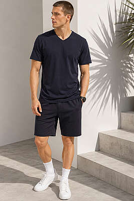 V Yaka Basic Erkek T-shirt Lacivert - Erkek T-shirt