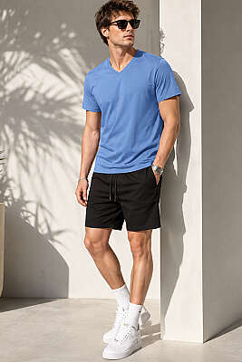 V Yaka Basic Erkek T-shirt Mavi - Erkek T-shirt