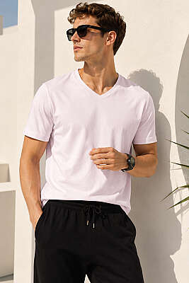 V Yaka Basic Erkek T-shirt Pembe 