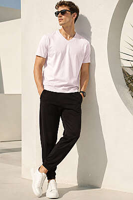 V Yaka Basic Erkek T-shirt Pembe - Erkek T-shirt