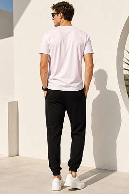 V Yaka Basic Erkek T-shirt Pembe - Erkek T-shirt