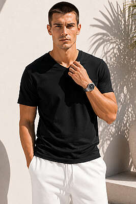V Yaka Basic Erkek T-shirt Siyah 
