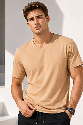 V Yaka Basic Erkek T-shirt Taba - HİT TİME
