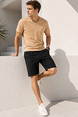 V Yaka Basic Erkek T-shirt Taba - Erkek T-shirt
