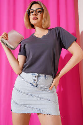 V Yaka Basic T-shirt Füme 