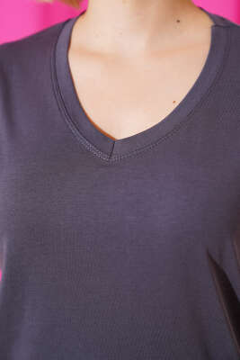 V Yaka Basic T-shirt Füme - Kadın Giyim Modelleri