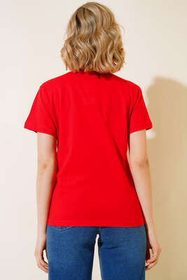 V Yaka Basic T-shirt Kırmızı - Thumbnail