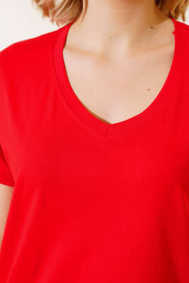 V Yaka Basic T-shirt Kırmızı - Thumbnail