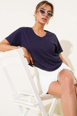 V Yaka Basic T-shirt Lacivert 