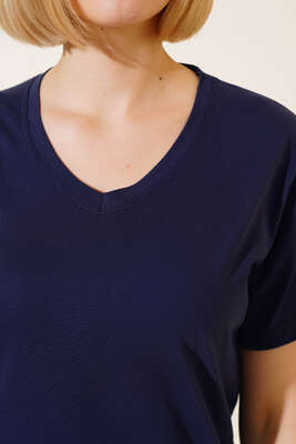 V Yaka Basic T-shirt Lacivert - Yeni Giyim