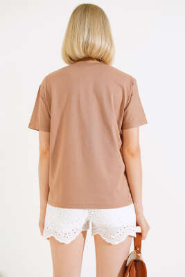 V Yaka Basic T-shirt Latte - Yeni Giyim