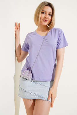 V Yaka Basic T-shirt Lila - Kadın Giyim Modelleri