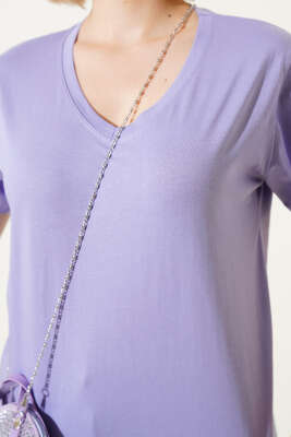 V Yaka Basic T-shirt Lila - Kadın Giyim Modelleri
