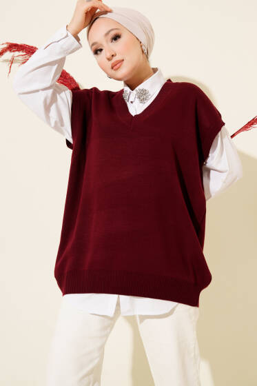 V Yaka Basic Triko Süveter Bordo - Triko