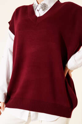 V Yaka Basic Triko Süveter Bordo - Triko
