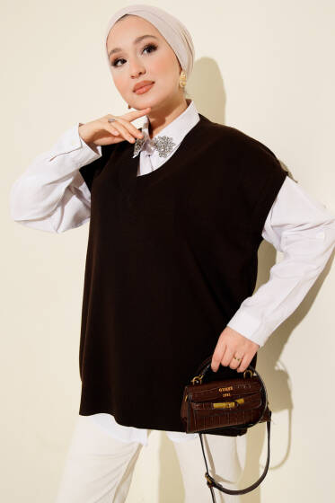 V Yaka Basic Triko Süveter Kahve - Triko