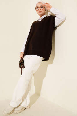 V Yaka Basic Triko Süveter Kahve - Triko