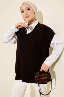 V Yaka Basic Triko Süveter Kahve - VANİZA TRİKO