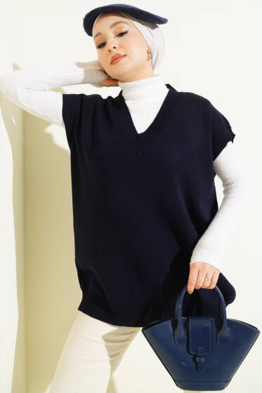 V Yaka Basic Triko Süveter Lacivert - Triko