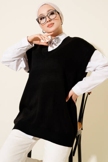 V Yaka Basic Triko Süveter Siyah - Triko
