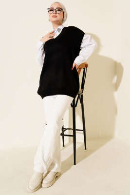 V Yaka Basic Triko Süveter Siyah - Triko