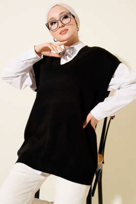 V Yaka Basic Triko Süveter Siyah