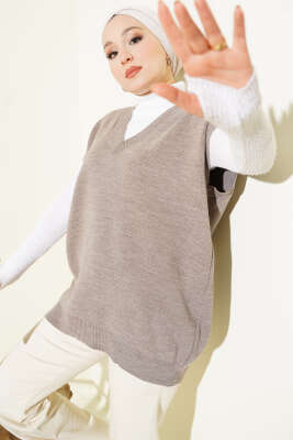V Yaka Basic Triko Süveter Vizon 