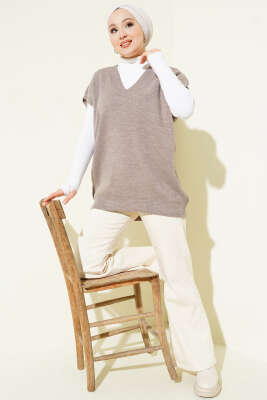 V Yaka Basic Triko Süveter Vizon - Triko