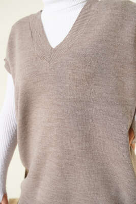 V Yaka Basic Triko Süveter Vizon - Triko