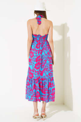 V Yaka Bel Büzgülü Elbise Mavi Fuşya - Kadın Giyim Modelleri