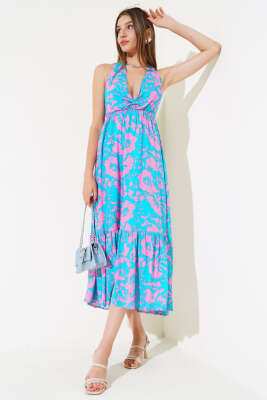 V Yaka Bel Büzgülü Elbise Mint 