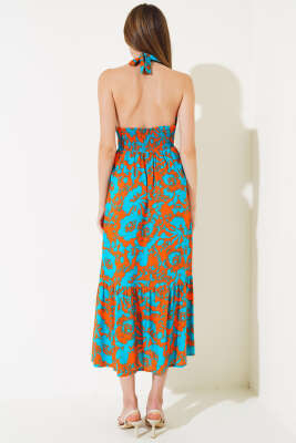 V Yaka Bel Büzgülü Elbise Mint Oranj - Kadın Giyim Modelleri