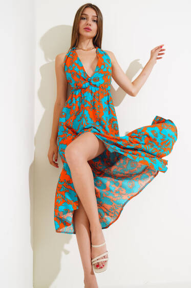 V Yaka Bel Büzgülü Elbise Mint Oranj - Yeni Giyim