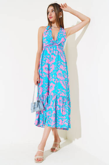 V Yaka Bel Büzgülü Elbise Mint - Yeni Giyim