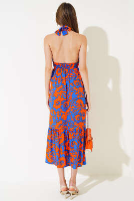 V Yaka Bel Büzgülü Elbise Saks Oranj - Kadın Giyim Modelleri