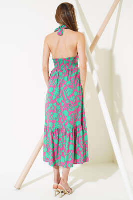 V Yaka Bel Büzgülü Elbise Yeşil Fuşya - Kadın Giyim Modelleri