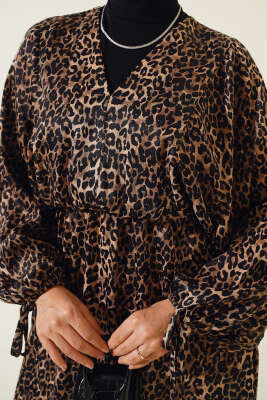 V Yaka Bel Lastikli Elbise Leopar - Tesettür Elbise