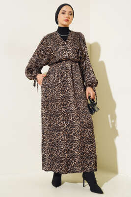 V Yaka Bel Lastikli Elbise Leopar - Tesettür Elbise