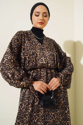 V Yaka Bel Lastikli Elbise Leopar - Tesettür Elbise