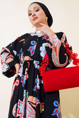 V Yaka Bel Lastikli Elbise Siyah - Tesettür Elbise