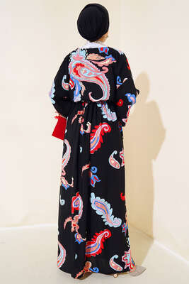 V Yaka Bel Lastikli Elbise Siyah - Tesettür Elbise